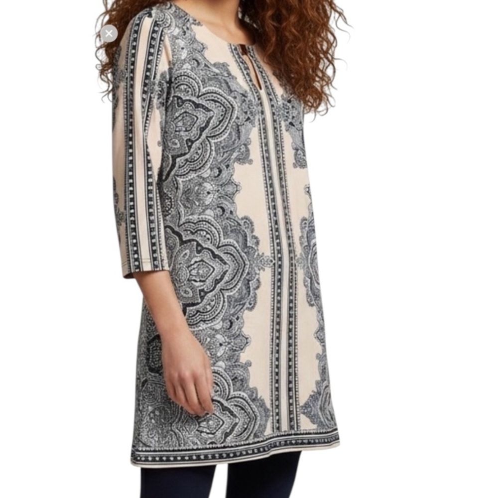 Cleo Pink Blue Scroll Pattern Stretchy Tunic Top Size L